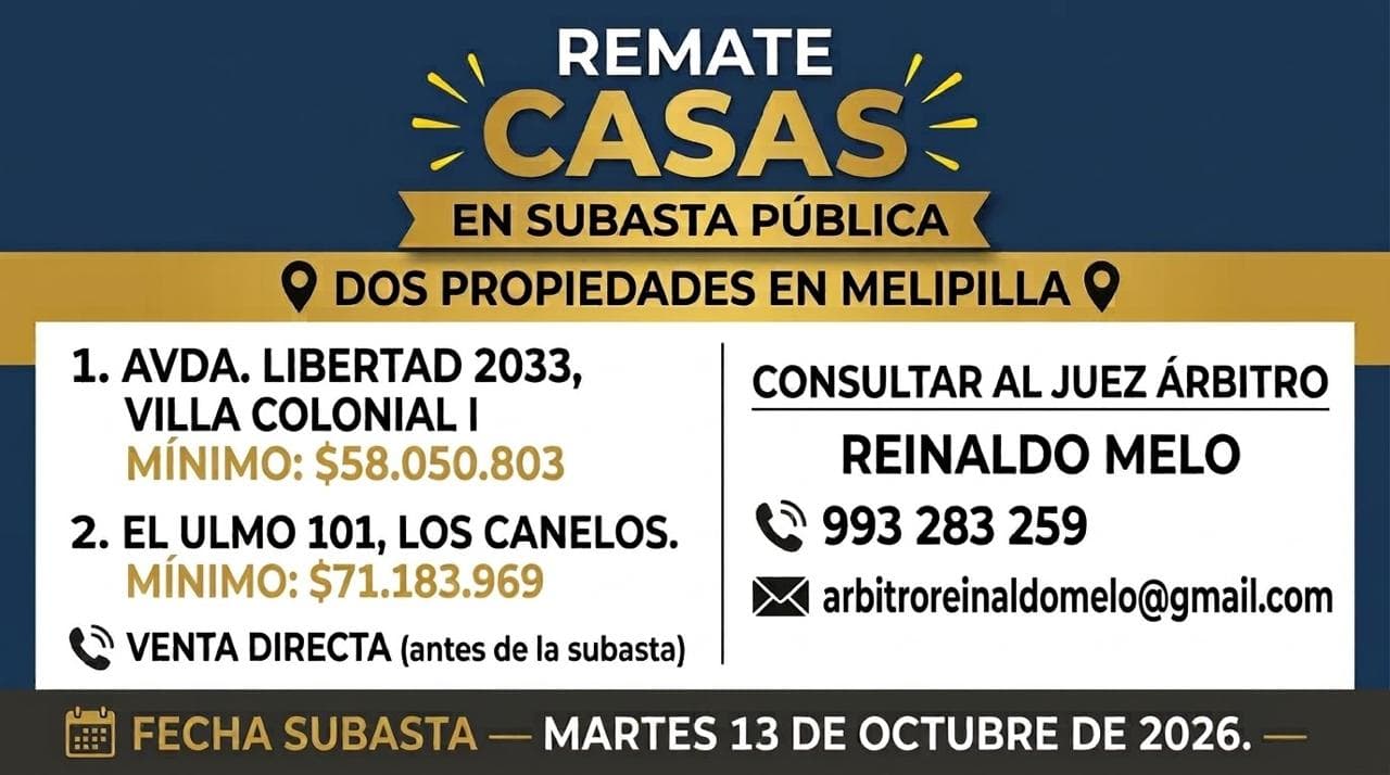 Remate de casas en subasta pública: dos propiedades en Melipilla