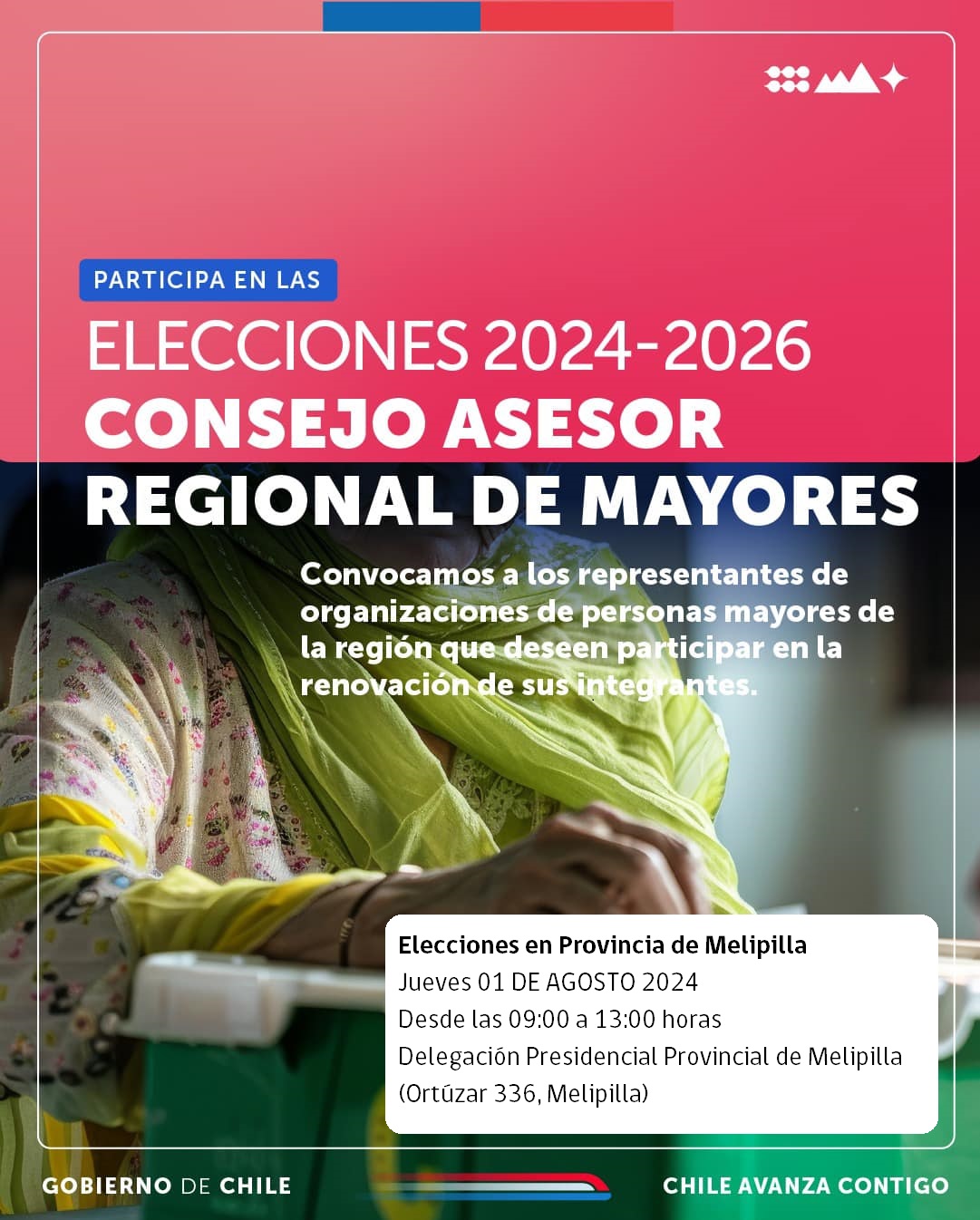 Este jueves se realizará en la Provincia de Melipilla el proceso de elección para componer los Consejos Asesores Regionales de Mayores de SENAMA