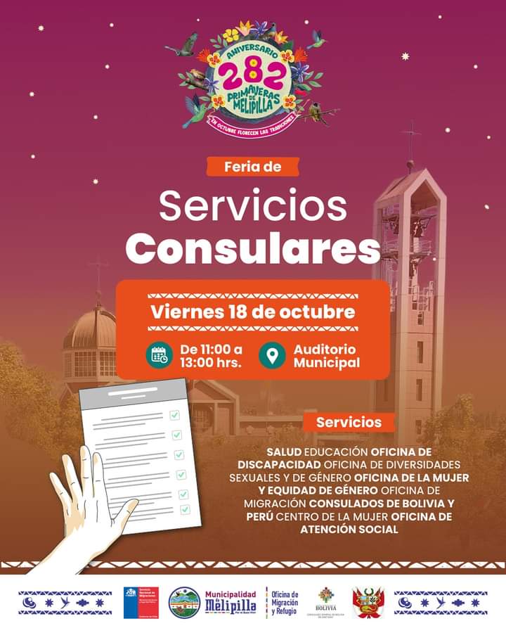 Consulados de Perú y Bolivia serán parte de la Feria de Servicios Consulares que se realizará este viernes en Melipilla